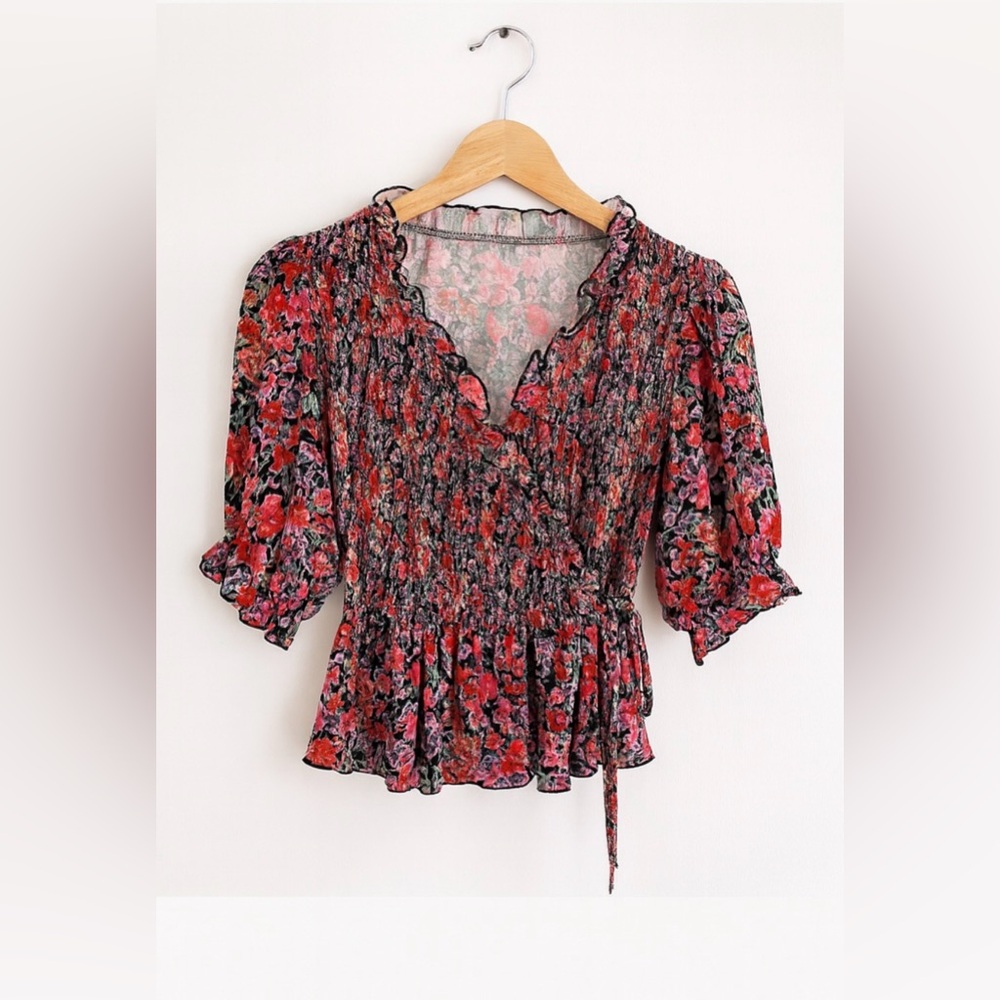 TOPSHOP Floral Smocked Ruffle‎ Wrap Peplum Blouse NWOT